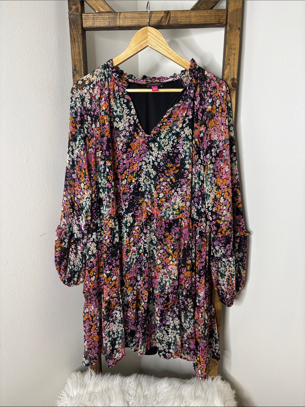 Vince Camuto Black Floral V-Neck Long Sleeve Dress Size L - Picture 1 of 5